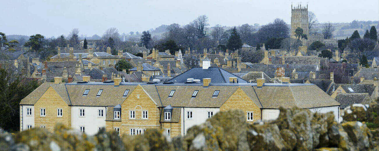Quintessential Autumnal rooftop view of traditional British architecture, in the Cotswolds, Great Britain.